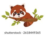 Cute sleepy red panda climbing tree branch vector illustration. Flat cartoon style. Hand drawn