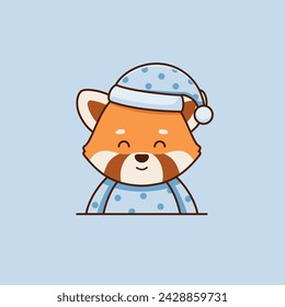 Cute sleepy red panda in pajama and night cap in cartoon style. Vector flat illustration