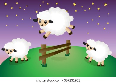 Cute sleepy sheep jumping over a fence, vector illustration