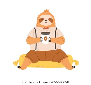 Cute sleepy sloth with coffee cup in paws. Lazy slow animal drinking and enjoying coffe in morning. Funny happy baby character in clothes. Flat vector illustration isolated on white background