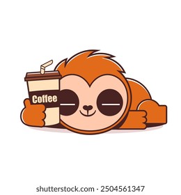 Cute sleepy sloth with coffee cup in paws. Lazy slow animal drinking and enjoying coffe in morning. Funny happy baby character in clothes. Flat vector illustration isolated on white background