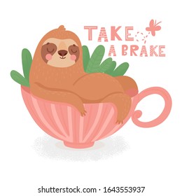 Cute sleepy sloth in cup with tropical leaves. Relax in cup. Kids print.Cartoon vector illustration