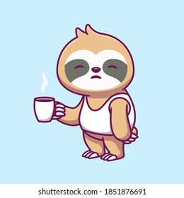 Cute Sleepy Sloth Holidng Cup Coffee Cartoon Vector Icon Illustration. Animal Nature Icon Concept Isolated Premium Vector. Flat Cartoon Style