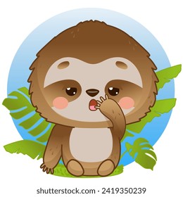 A cute sleepy sloth is sitting with its paw covering its mouth. Lazy in the style of kawaii. Vector illustration for designs, prints and patterns. Vector illustration