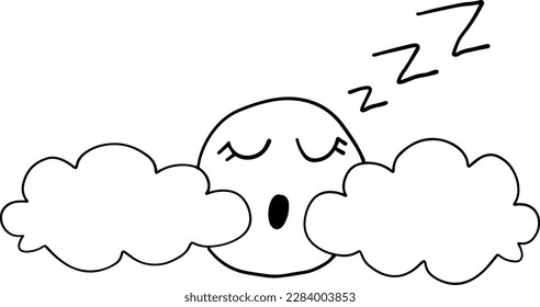 Cute sleepy sun behind fluffy cloud cartoon emotion expression outline icon. Vector illustration