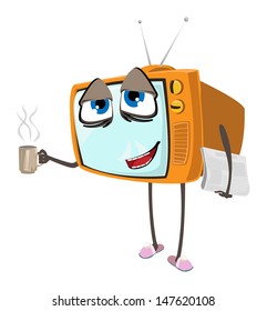cute sleepy television set with morning coffee and a news paper, vector illustration