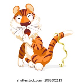 A cute sleepy tiger cub sits and yawns. Adorable Wild Animal Cartoon Character. Happy Chinese new year greeting card. 2022 Tiger zodiac.Vector Illustration For children, decor, banner, emblem, patter