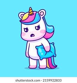 Cute Sleepy Unicorn Holding Pillow Cartoon Vector Icon Illustration. Animal Nature Icon Concept Isolated Premium Vector. Flat Cartoon Style