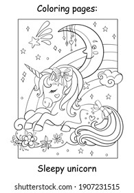 Cute sleepy unicorn lying on cloud. Coloring book page for children. Vector cartoon illustration isolated on white background. For coloring book, preschool education, print, game, decor.