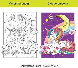 Cute sleepy unicorn lying on cloud. Coloring book page for children with colorful template. Vector cartoon isolated illustration. For coloring book, preschool education, print, game, decor.