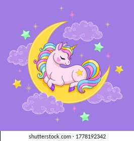 Cute sleepy unicorn sitting on the moon. Vector illustration