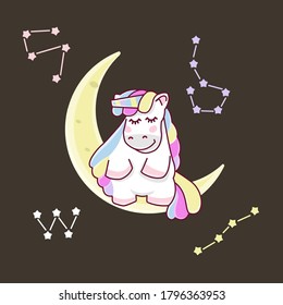 Cute sleepy unicorn sitting on the moon. Vector illustration can be used for t-shirts