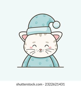 Cute sleepy white kitten in blue pajama and night cap in cartoon style. Vector flat illustration