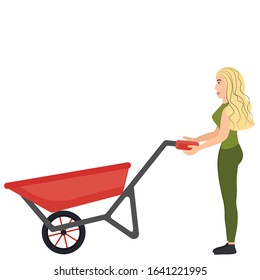 A cute slender and beautiful girl is standing with a soda wheelbarrow. Strong woman. Work tool, inventory. Stock vector illustration for decoration and design, web pages, cards, banners, magazines