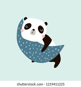 Cute slepping panda on the moon. Childish print for t-shirt, apparel, cards, poster, nursery decoration. Vector Illustration