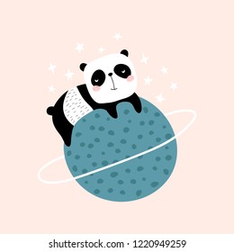 Cute slepping panda on the planet. Childish print for t-shirt, apparel, cards, poster, nursery decoration. Vector Illustration