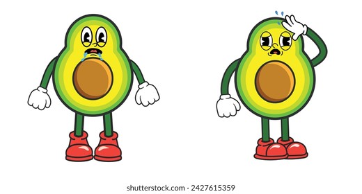 Cute Slice Avocado cartoon character with tired expression, thirsty, dehydration. Half Avocado groovy cartoon for clip art, sticker, icon, mascot, logo. Vector illustration