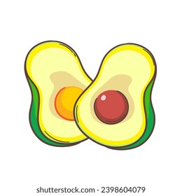Cute slice of avocado cartoon. Hand drawn fruit concept icon design. Isolated white background. Flat vector illustration.