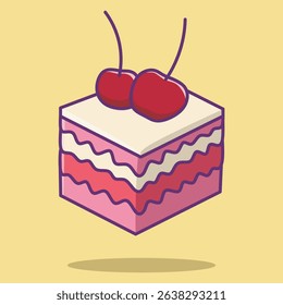 Cute slice cake with cherry.  Vector hand drawn flat cartoon illustration.