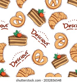 cute slice cake and croissant in seamless pattern with doodle style