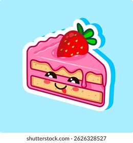 Cute slice of cake with strawberry and smiling face Kawaii Style Design Vector Illustration