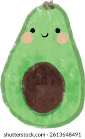 Cute slice cut green fresh kawaii avocado with smiley face hand drawn crayon watercolour kids illustration drawing healthy diet breakfast cutout clipart digital sticker
