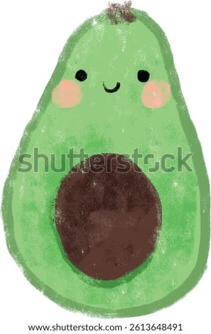Cute slice cut green fresh kawaii avocado with smiley face hand drawn crayon watercolour kids illustration drawing healthy diet breakfast cutout clipart digital sticker