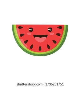 cute slice of fruit watermelon cartoon character isolated on white background, funny positive and friendly watermelon emoticon face, happy smile cartoon face food emoji, comical fruit