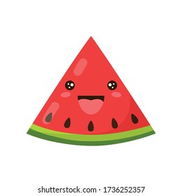 cute slice of fruit watermelon cartoon character isolated on white background, funny positive and friendly watermelon emoticon face, happy smile cartoon face food emoji, comical fruit