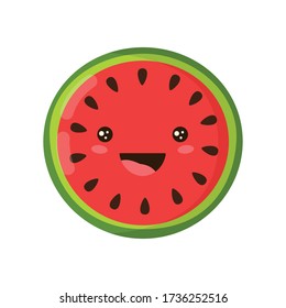 cute slice of fruit watermelon cartoon character isolated on white background, funny positive and friendly watermelon emoticon face, happy smile cartoon face food emoji, comical fruit