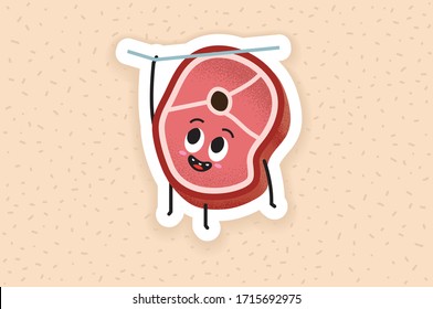 Un trozo de carne de carne que cuelga en un concepto de diseño divertido de cuerda. Feliz ilustración vectorial de carne. Diseño creativo para los amantes de la carne. Úsalo para un restaurante. Dibujo de filete a la parrilla con cara sonriente en un patrón