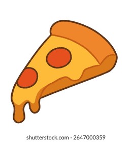 Cute slice of pepperoni pizza illustration in cartoon style, with melted cheese and crispy crust