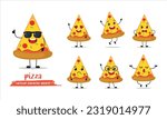 cute slice of pizza cartoon with many expressions. different activity pose vector illustration flat design set with sunglasses.