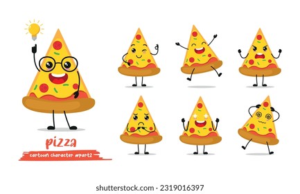 cute slice of pizza cartoon with many expressions. different activity pose vector illustration flat design set.