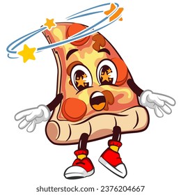 Cute slice of pizza character with dizzy and drunk funny face mascot, isolated cartoon vector illustration. Cute slice of pizza mascot, emoticon