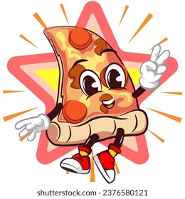 Cute slice of pizza character with cute face mascot jumping cheerfully in front of shining stars, isolated cartoon vector illustration. Cute slice of pizza mascot, emoticon