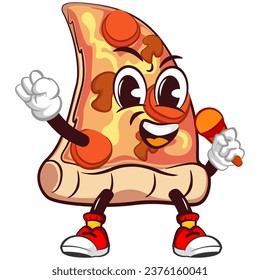 Corta tajada del personaje de la pizza con graciosos cantos de mascota facial usando el micrófono, aislado ilustración vectorial de dibujos animados. Baraja de pizza, emoticono