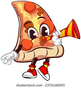 Cute slice of pizza character with funny face mascot blowing party trumpet, isolated cartoon vector illustration. Cute slice of pizza mascot, emoticon