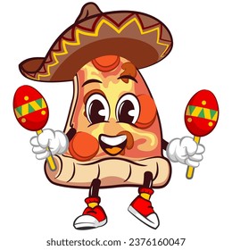 Cute slice of pizza character with funny face mascot wearing sombrero with playing maracas, cartoon vector illustration isolated on white background. Funny slice of pizza mascot, emoticon