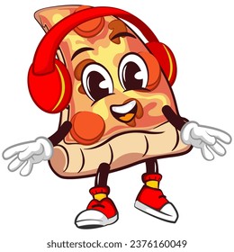 Cute slice of pizza character with funny face mascot wearing headset, isolated cartoon vector illustration. Cute slice of pizza mascot, emoticon