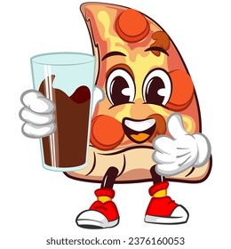 Cute slice of pizza character with funny face mascot  with a galss of chocolate, cartoon vector illustration isolated. Funny slice of pizza mascot, emoticon