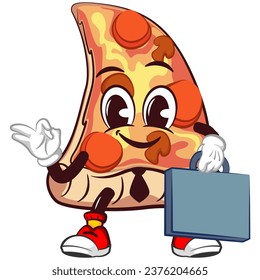 Cute slice of pizza character with funny office face mascot wearing tie and carrying suitcase, isolated cartoon vector illustration. Cute slice of pizza mascot, emoticon