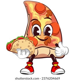 Cute slice of pizza character with funny face mascot with taco while giving thumbs up, isolated cartoon vector illustration. Cute slice of pizza mascot, emoticon
