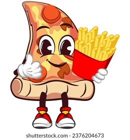 Corta tajada del personaje de la pizza con graciosa mascota facial con patatas fritas mientras da pulgares hacia arriba, ilustración aislada del vector de dibujos animados. Baraja de pizza, emoticono