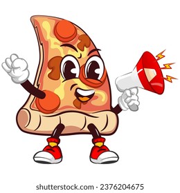 Cute slice of pizza character with funny face mascot shouting using a loudspeaker, isolated cartoon vector illustration. Cute slice of pizza mascot, emoticon