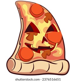 Cute slice of pizza character with funny face mascot dressed up in halloween style, isolated cartoon vector illustration. Cute slice of pizza mascot, emoticon