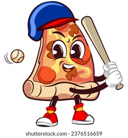 Cute slice of pizza character with funny face mascot playing baseball as a hitter with a bat, isolated cartoon vector illustration. Cute slice of pizza mascot, emoticon