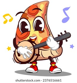 Cute slice of pizza character with funny face mascot playing banjo musical instrument, isolated cartoon vector illustration. Cute slice of pizza mascot, emoticon