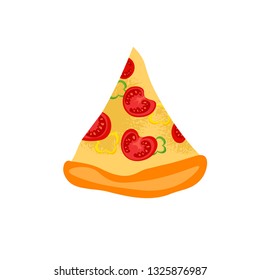 Cute slice of pizza with tomatoes, mushrooms in flat style design. Pizzeria logo. Good for cards, icon, flyers, banner, menu template. Vector illustration.