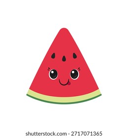 Linda rebanada de sandía, personaje de dibujos animados, cara sonriente feliz, estilo kawaii, ojos grandes, emoji, deliciosa fruta de verano, ícono, Ilustración vectorial.
